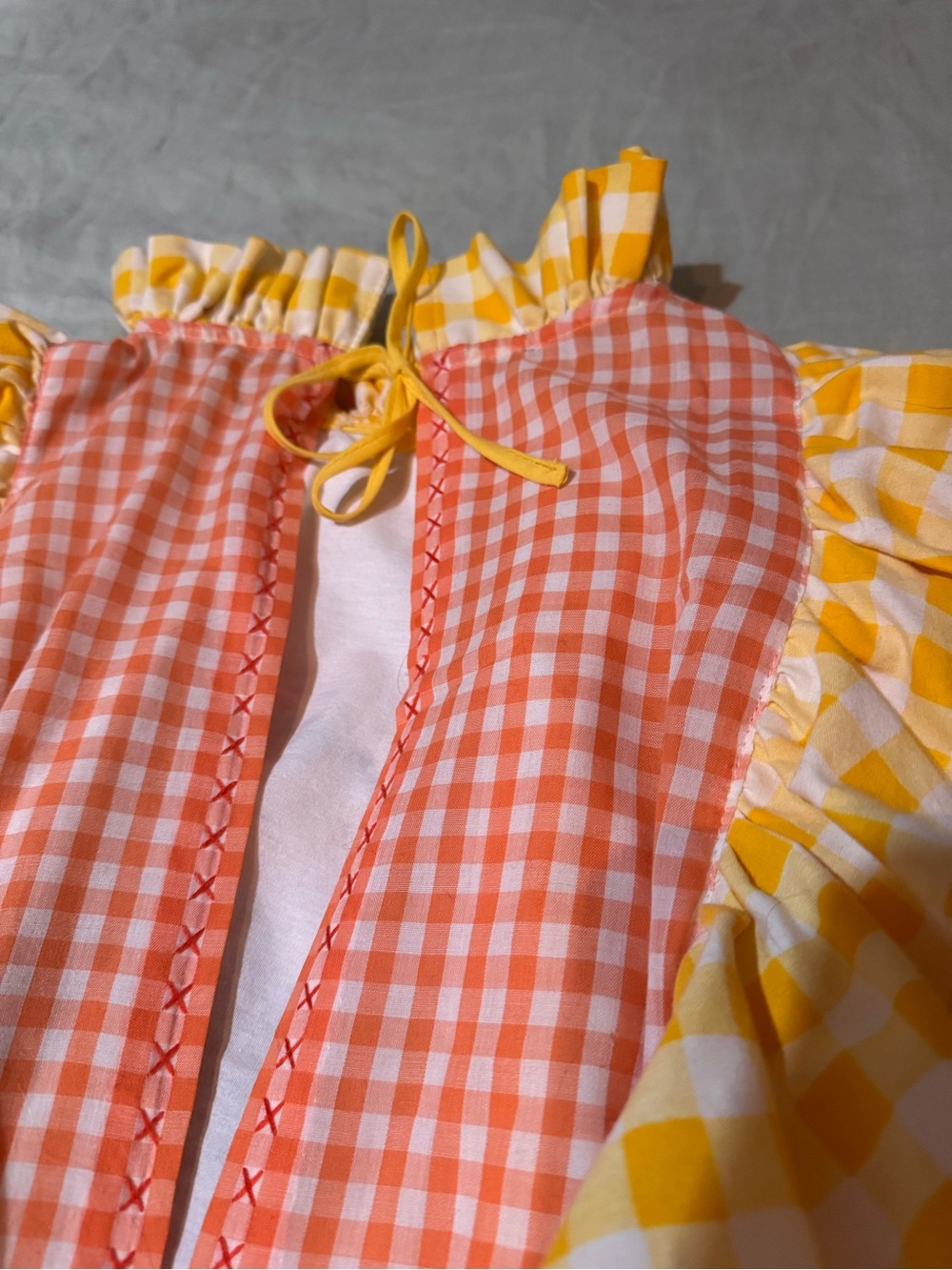 THRILLENIUM HANDMADE Gingham Ruffle Smock Top with Teapot Cross-Stitch - Picture 4 of 4